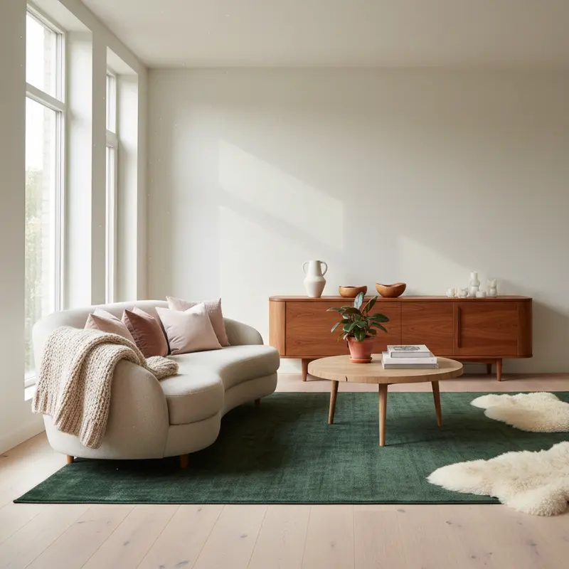 Modern Scandinavisch interieur met pecannootbruin hout, smaragdgroen tapijt en roze accessoires in natuurlijk licht
