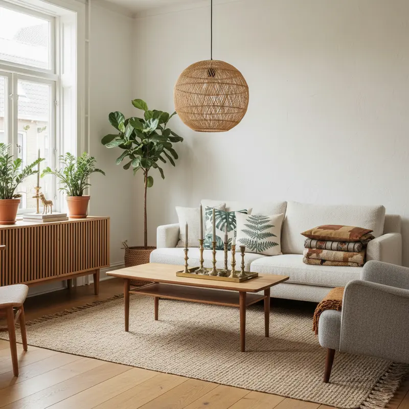 Klein modern appartement interieur met warm houten meubels, rotan lamp en botanische prints in natuurlijke tinten