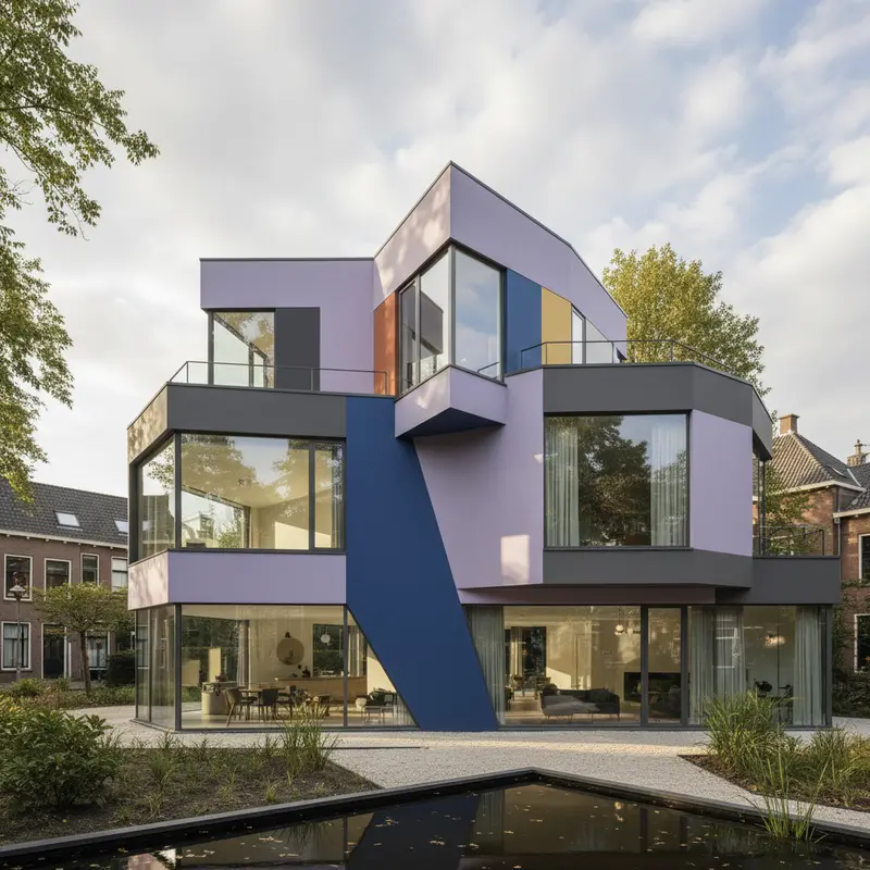Exterieur van het postmoderne Mart van Schijndel Huis in Utrecht met geometrische vormen en grote glazen panelen in lavender-grijze tinten