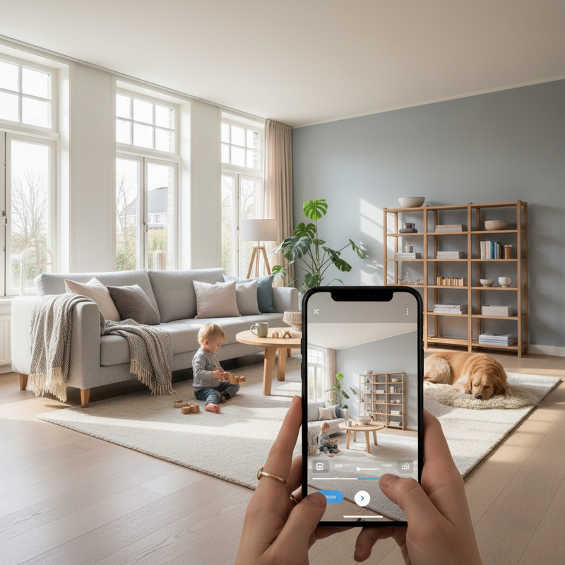 Smartphone toont augmented reality app die 3D meubelmodel projecteert in moderne woonkamer met Scandinavische inrichting