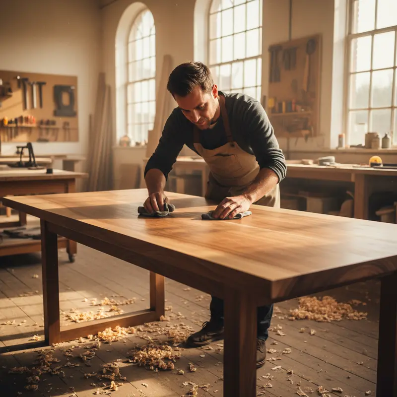Ambachtelijke meubelmaker werkt aan handgemaakte houten tafel in Nederlands atelier