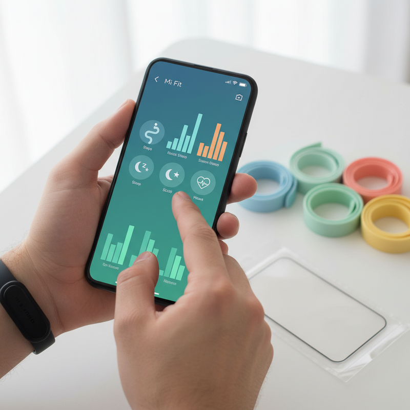 Een close-up van een hand met een fitness tracker op de pols, die een smartphone bedient met de Mi Fit app. Op de achtergrond liggen betaalbare vervangende bandjes en een screenprotector.