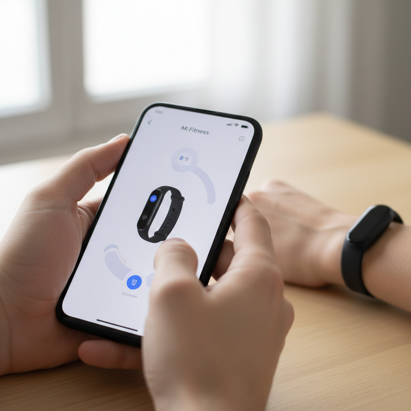 Een paar handen houdt een smartphone vast met de Mi Fitness app open, terwijl een Xiaomi Smart Band om een pols op de achtergrond te zien is, symboliserend de succesvolle koppeling.