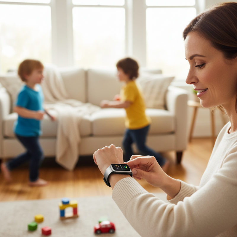 Een moeder met een tevreden glimlach kijkt naar haar Xiaomi fitness tracker om haar pols, terwijl haar spelende kinderen vage figuren zijn op de achtergrond van een lichte woonkamer.