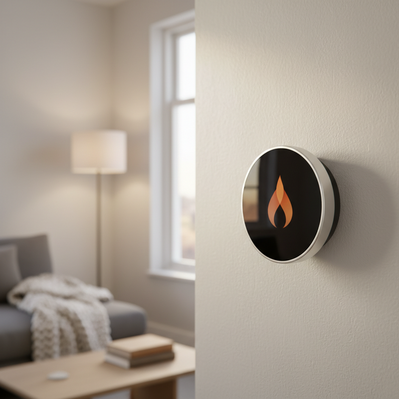 Een close-up fotografie van een ronde Nest Thermostaat, gemonteerd op een lichte muur in een modern interieur, met op de achtergrond een vaag warm licht dat comfort suggereert.