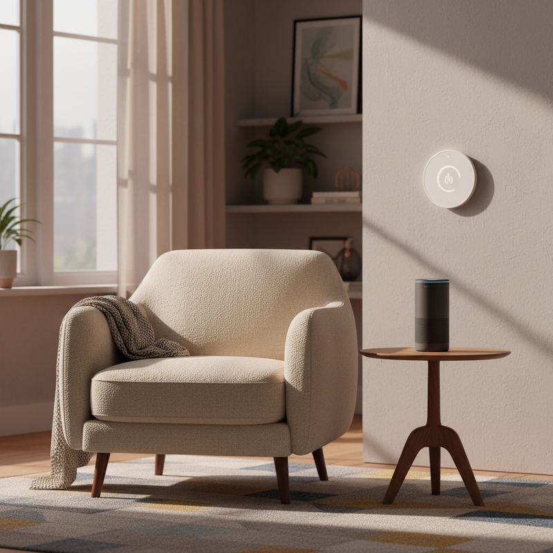 Een sfeervolle, modern ingerichte woonkamer met een slimme speaker op een bijzettafel en een Nest thermostaat aan de muur, wat de integratie van stembediening in huis symboliseert.