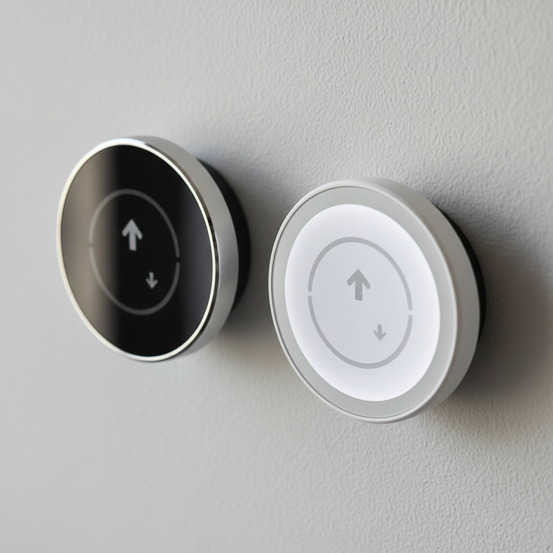 Een close-up foto van twee Nest thermostaten naast elkaar op een muur. Links de Nest Learning Thermostat met een glanzend zwart scherm, rechts de Nest Thermostat E met een mat, frosted scherm. Beide tonen een temperatuurweergave.