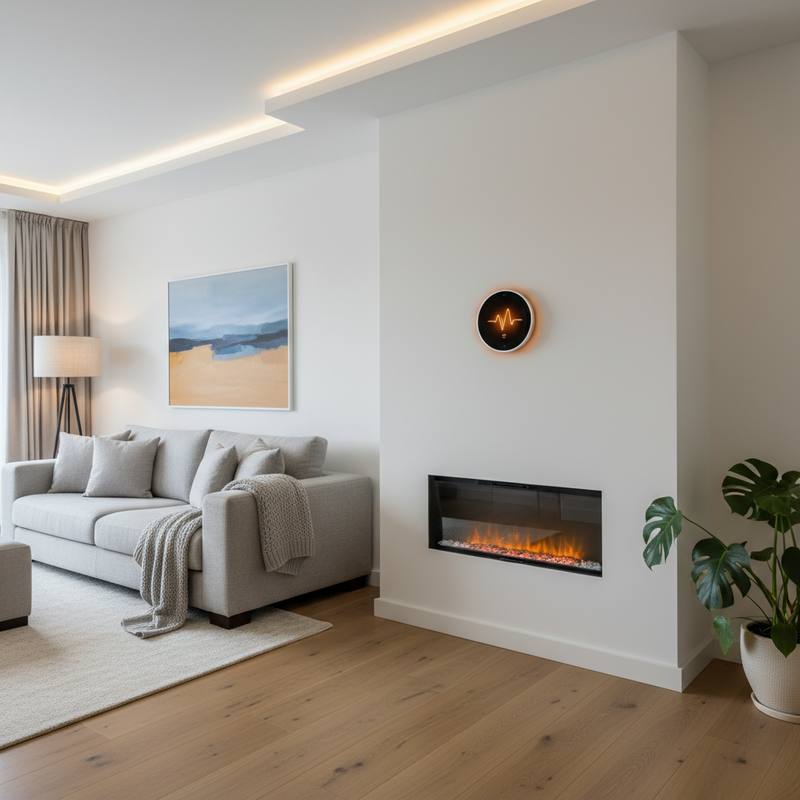 Een Nest thermostaat gemonteerd op een witte muur in een modern interieur, de display toont de ingestelde temperatuur. De omgeving straalt een gevoel van comfort en warmte uit, met subtiele verlichting en meubilair op de achtergrond. Het geheel visualiseert een geoptimaliseerd en energiezuinig huis.