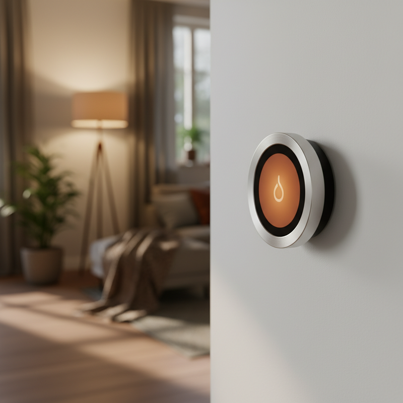 Een close-up van een strak ontworpen slimme thermostaat op een witte muur, die een warme temperatuur aangeeft. Op de achtergrond is een onscherpe, gezellige woonkamer met sfeervolle verlichting te zien.