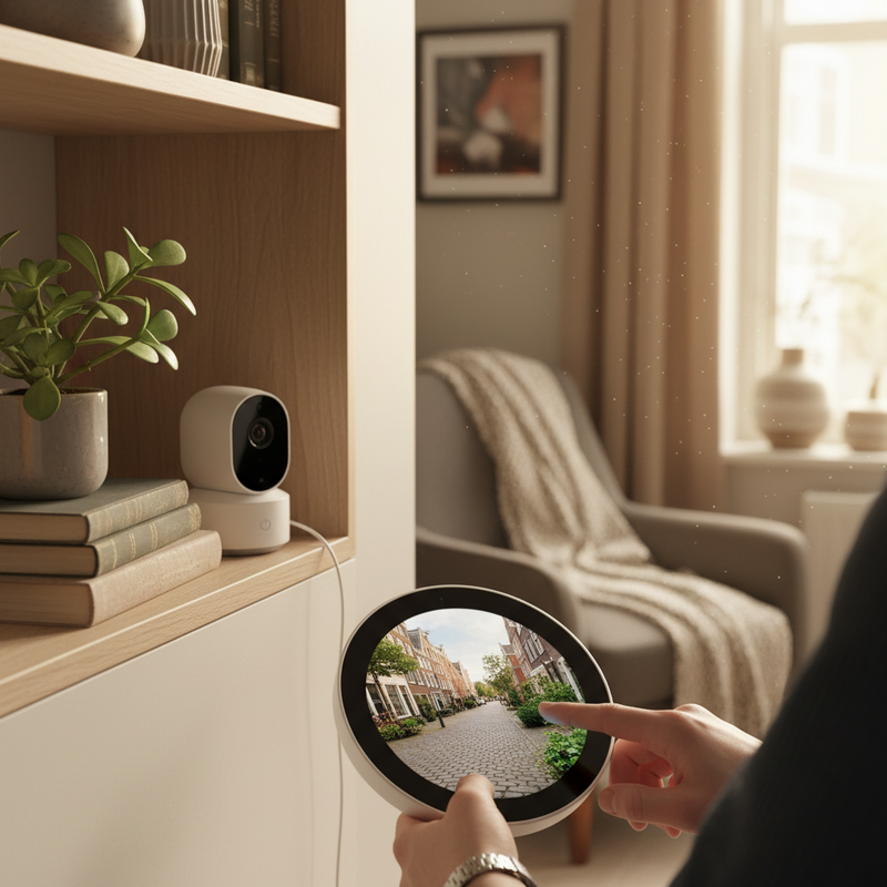 Close-up van een interieurhoek met een onopvallend geplaatste, compacte camera op een boekenplank. Een dunne kabel is netjes weggewerkt. Op een slim display in de voorgrond wordt een live camerabeeld getoond, bediend door een hand. De setting is een opgeruimde, kleine Nederlandse woonkamer.