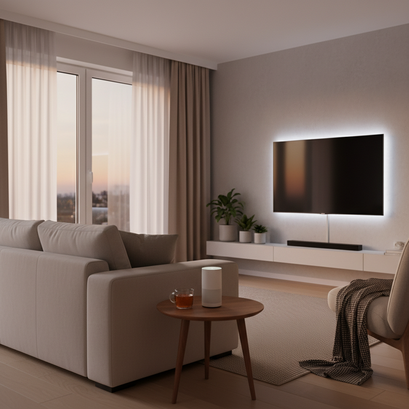 Een fotografie van een moderne woonkamer met sfeervolle, geïntegreerde slimme verlichting en een warm aanvoelende ambiance, die het gemak van een geautomatiseerd slim huis illustreert.