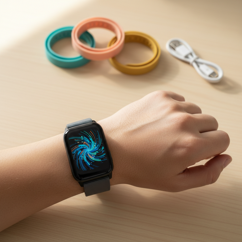 Een hand met een gepersonaliseerde smartband om de pols. Op de achtergrond liggen goedkope, kleurrijke reservebandjes en een oplaadkabel.