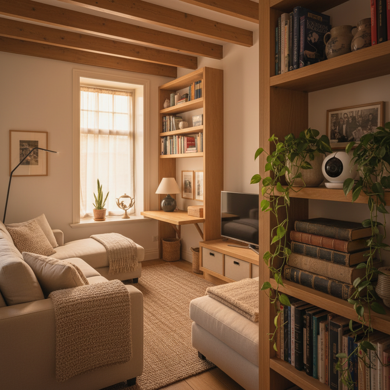 Een compacte bewakingscamera die subtiel is geplaatst op een houten boekenplank, naast een kleine groene kamerplant en een stapel boeken, in een warm verlichte, kleine woonkamer. De camera blendt in met de omgeving.