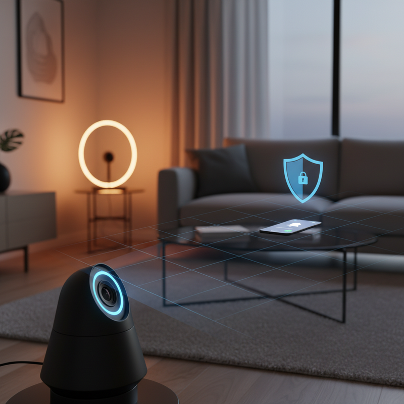 Een Tapo beveiligingscamera staat centraal in een modern, warm verlicht smart home. Een smartphone met een notificatie-icoon op een koffietafel symboliseert de directe meldingen en verbinding, met subtiele digitale lagen die slimme beveiligingsfuncties uitbeelden.