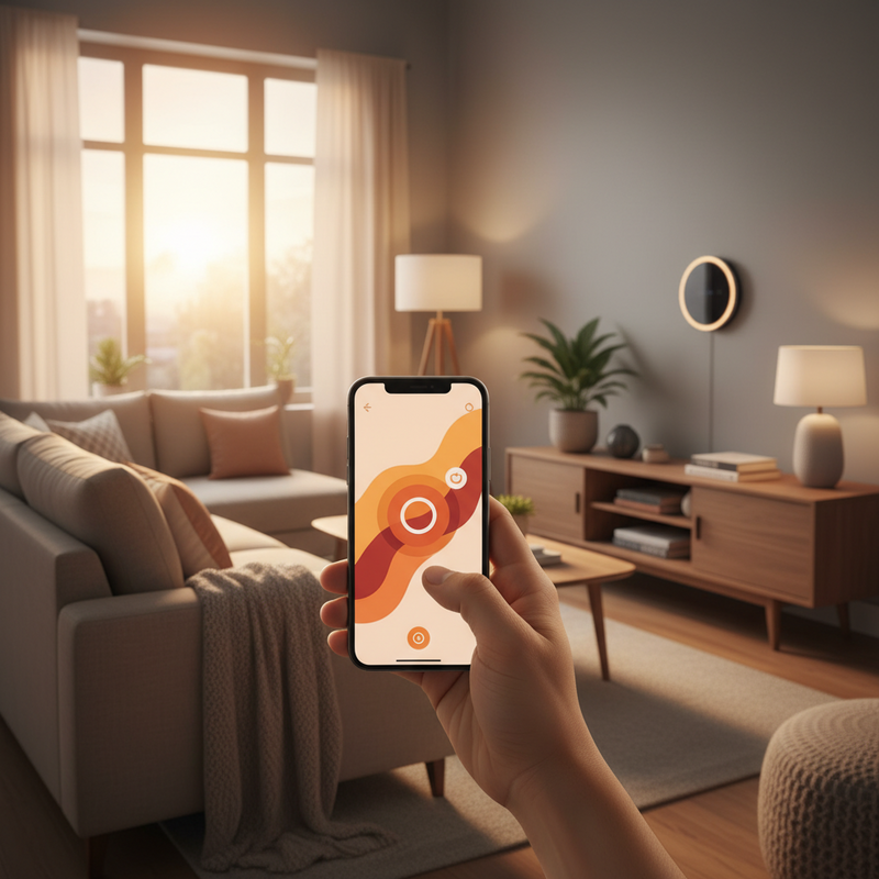 Een close-up van een hand die een smartphone vasthoudt. Op het scherm van de telefoon is de interface van een slimme thermostaat-app te zien. Op de achtergrond is een wazige, warme woonkamer zichtbaar, wat een gevoel van comfort en modern gemak oproept.