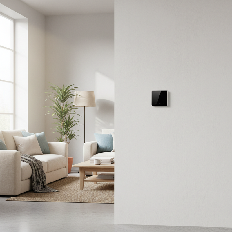 Een modern, licht interieur met een comfortabele bank, een plant en een subtiele slimme thermostaat aan de muur, wat een gevoel van warmte en welzijn uitstraalt.