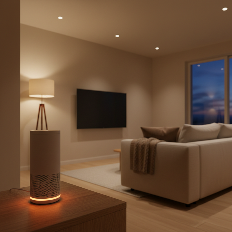 Een sfeervolle woonkamer in de avondschemering met warme, zachte verlichting. Een discreet slimme speaker staat op een bijzettafel, symbolisch voor stembediening van slimme verlichting en comfort.