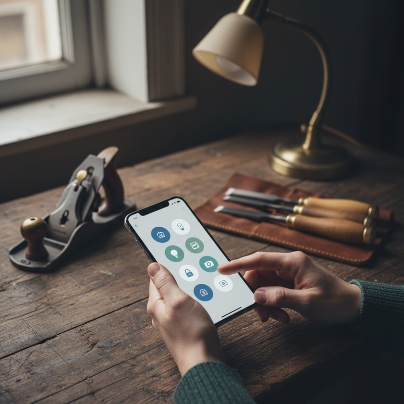 Een gedetailleerde foto van handen die een smartphone vasthouden met de Tapo app geopend, liggend op een vintage houten werkbank met ambachtelijk gereedschap. De app toont een schone interface met de optie om een apparaat toe te voegen.