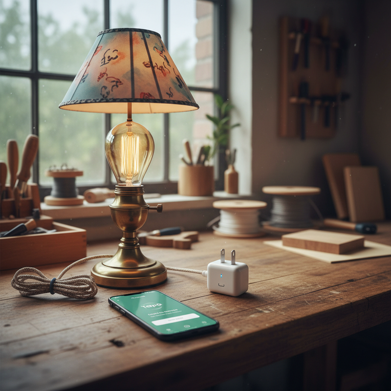 Een close-up van een smartphone met de Tapo app open op het scherm 'Apparaat toevoegen', naast een elegante vintage tafellamp en een kleine slimme stekker op een houten werkbank.