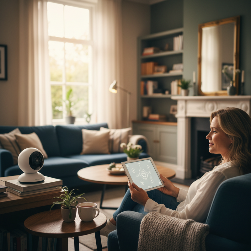 Een modern interieur met een discreet geplaatste beveiligingscamera, waar een persoon kalm een smartphone bedient, symboliserend controle en veiligheid in huis.