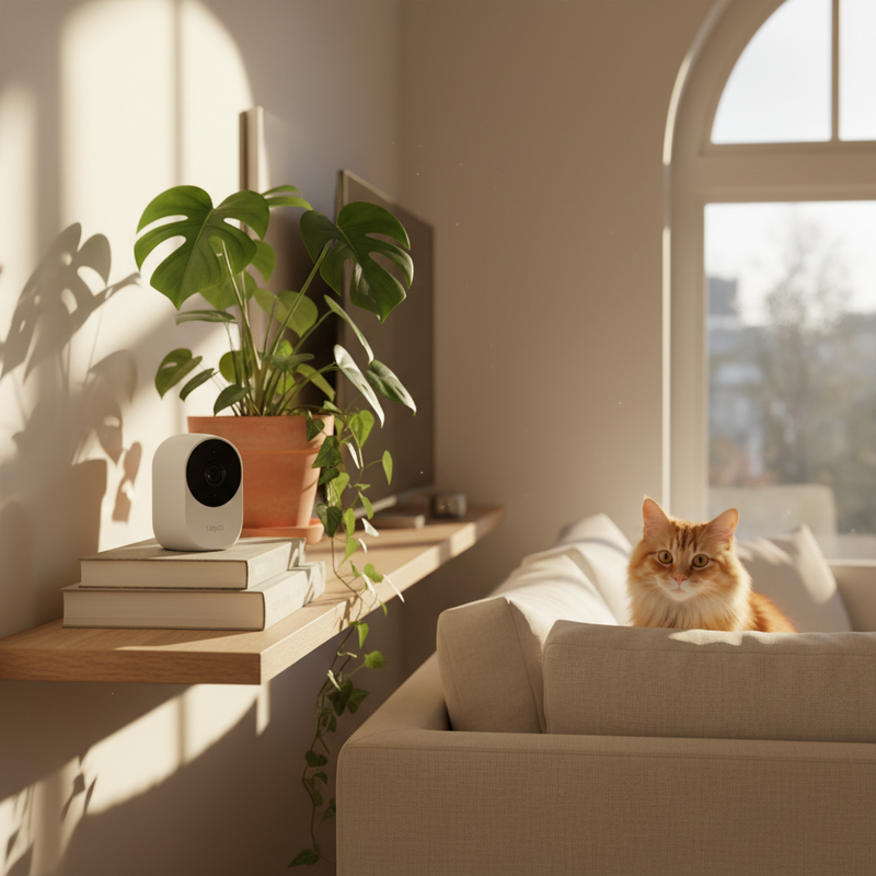 Een kleine, witte Tapo C110 camera discreet geplaatst tussen boeken en een plant op een plank in een knusse Nederlandse woonkamer, met een kat op de achtergrond.