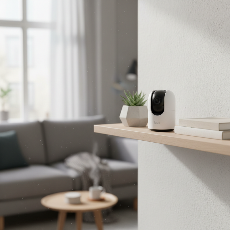 Een Tapo C500 camera staat onopvallend op een minimalistische houten plank in een licht, modern Nederlands appartement. Naast de camera staan een kleine vetplant en enkele boeken.