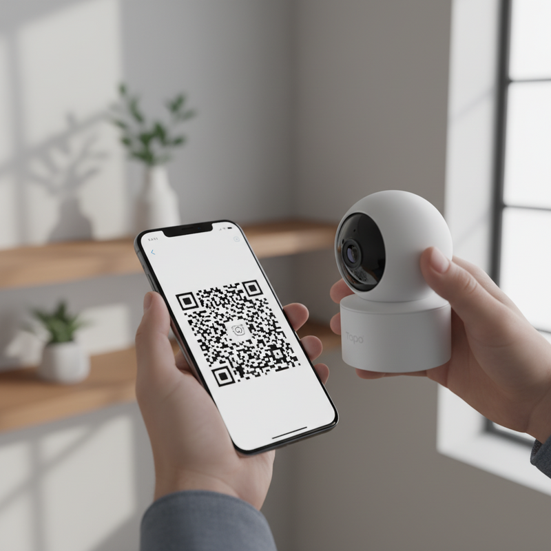 Een persoon die een Tapo camera installeert, waarbij een smartphone met de Tapo app en een QR-code wordt vastgehouden voor de camera, symboliserend de eenvoudige en snelle installatie.