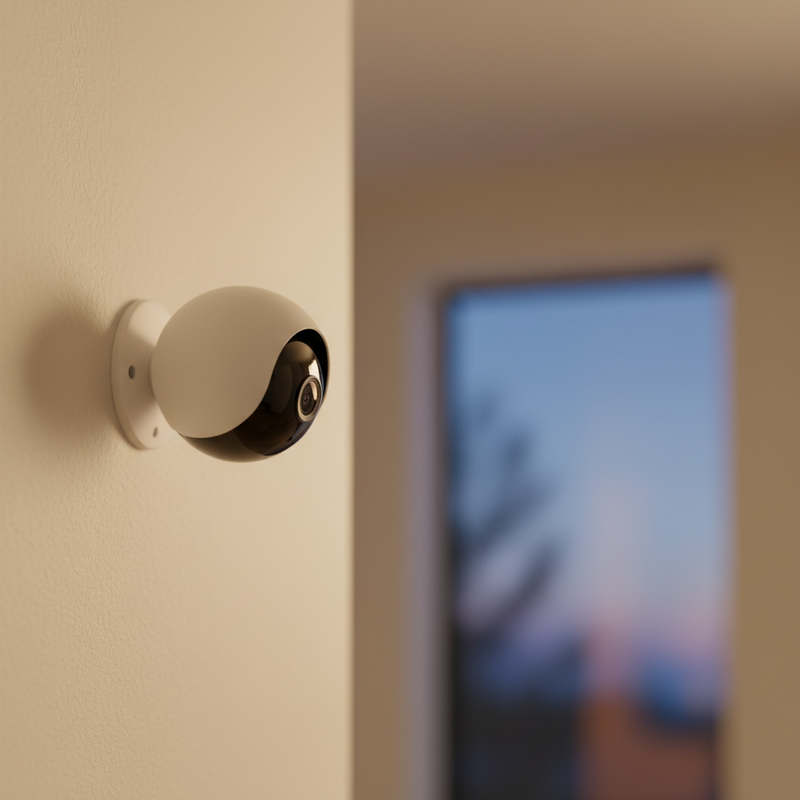 Een moderne, witte Tapo smart beveiligingscamera, discreet gemonteerd, die een vredig interieur en een glimp van de schemering buiten vastlegt, symbool voor constante en betrouwbare huisbeveiliging.