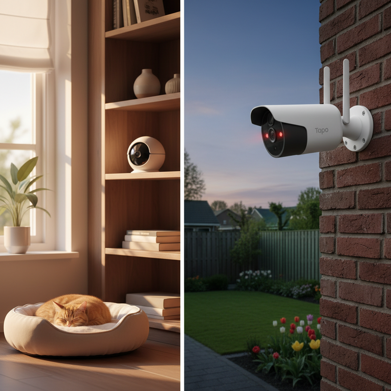 Een split-image van een moderne, discrete Tapo beveiligingscamera binnen in een gezellige woonkamer en een weerbestendige Tapo camera buiten die een tuin overziet, met een hint van nachtzicht en veiligheid.