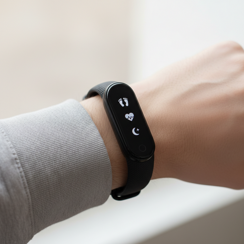 Een close-up van een zwarte Xiaomi Band 8 om een pols, met heldere iconen voor stappen, hartslag en slaap op het scherm.