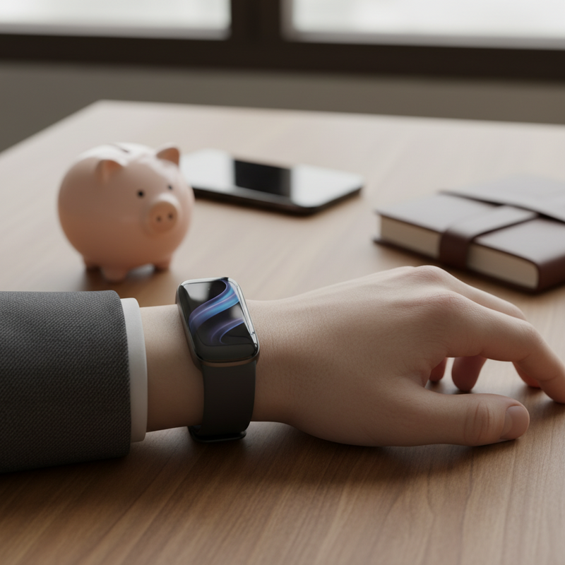 Een pols met een donkere fitness tracker (Xiaomi Band) erop, rustend op een houten tafel. Op de achtergrond is een wazige smartphone te zien, wat de connectiviteit en dagelijkse bruikbaarheid van de band symboliseert.