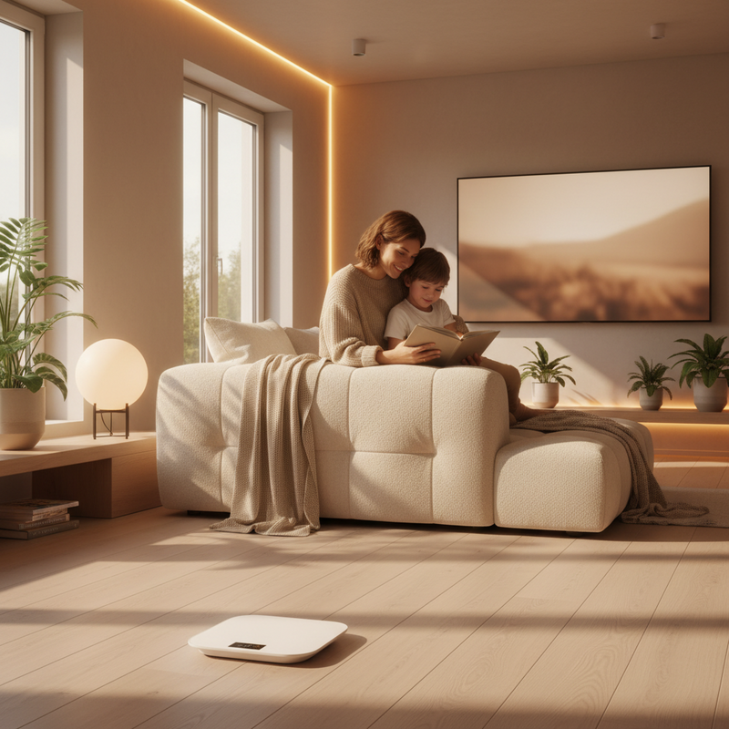 Een serene woonkamer met een slimme weegschaal op de voorgrond en zacht gedimd licht dat een moeder en kind op de bank verlicht.