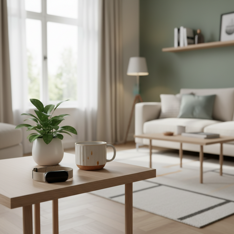 Een minimalistische fitness tracker van Xiaomi met een neutraal bandje ligt op een houten bijzettafel in een modern, opgeruimd interieur, naast een plantje en een kopje.