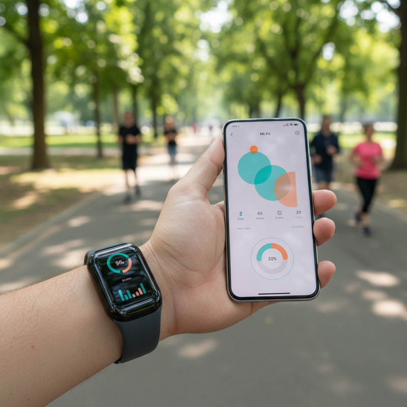 Een persoon draagt een slanke Xiaomi Smart Band om de pols tijdens een buitenactiviteit, met een smartphone ernaast die een schone, grafische weergave van de Mi Fit app toont, gericht op gezondheidsmonitoring.
