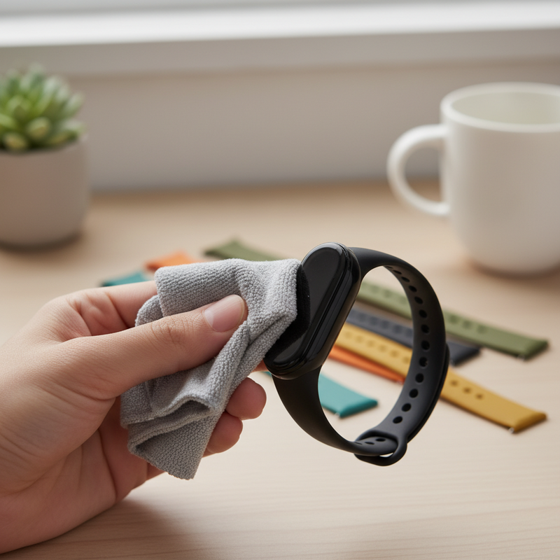 Een close-up van een hand die een Xiaomi fitness tracker schoonmaakt met een vochtig doekje. Op de achtergrond zijn diverse betaalbare gekleurde bandjes te zien.
