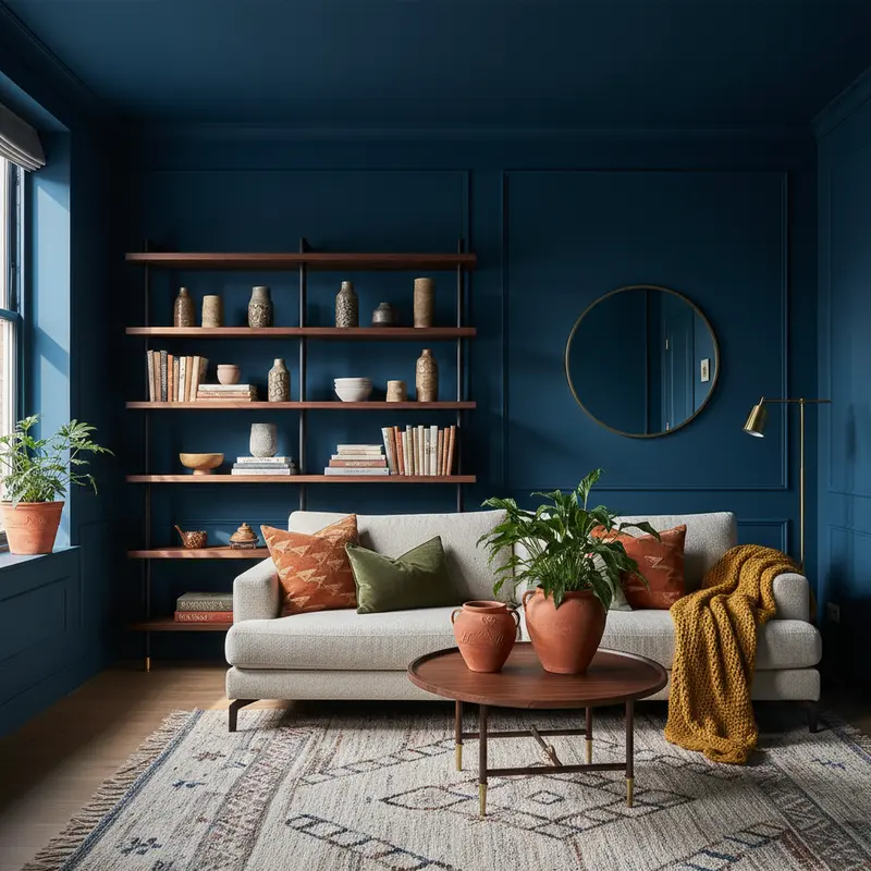 Kleine woonkamer met donker walnotenhouten meubels en petrolblauwe muren volgens 2026 interieurtrend