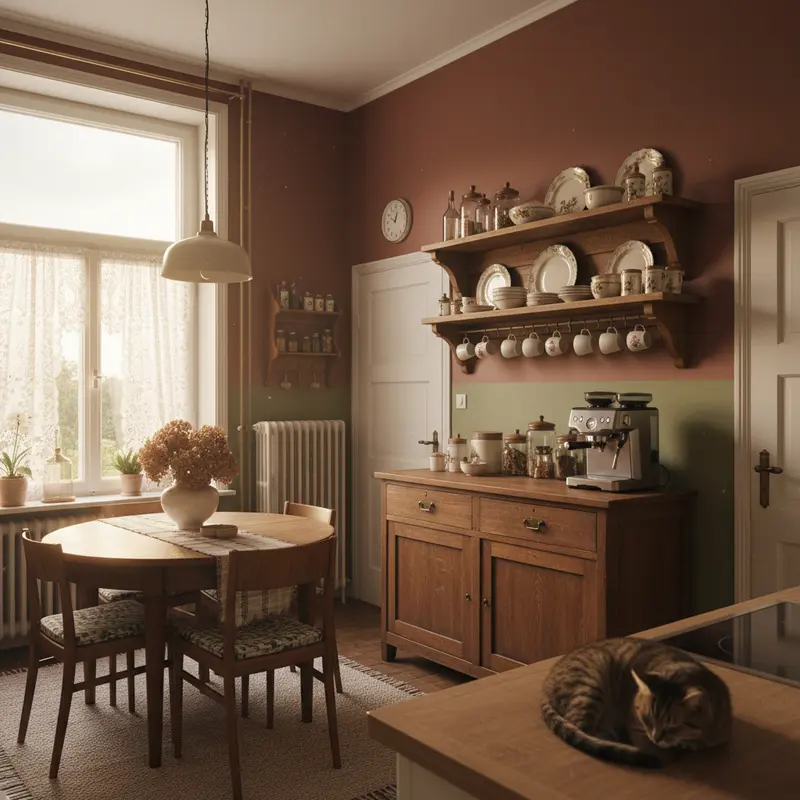 Gezellige Nederlandse keuken met vintage houten dressoir, warme khaki muren en open planken met erfstuk servies in Grandma Chic stijl