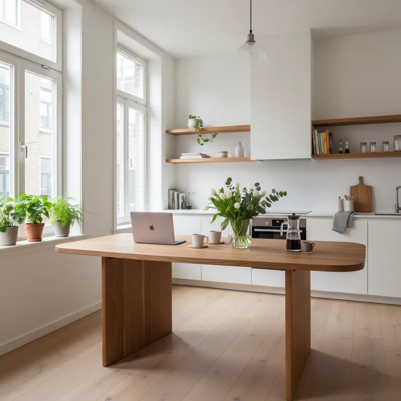 Moderne langwerpige houten keukentafel met afgeronde hoeken in kleine Nederlandse stadskeuken met Scandinavisch interieur