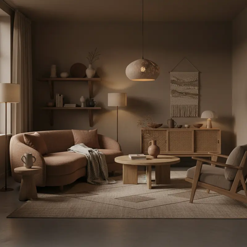 Gezellige woonkamer met donkere taupe muren, gebogen bank, natuurlijk houten meubels en warme textuurlagen in moderne Nederlandse stijl