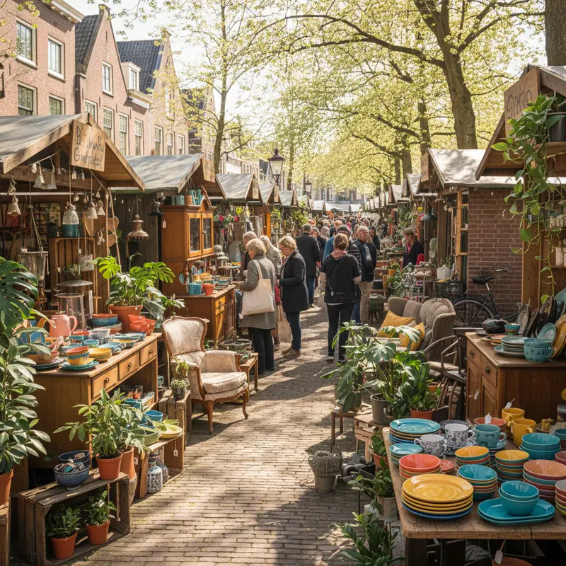 Nederlandse vintage markt met meubels, serviesgoed en planten op houten kraampjes