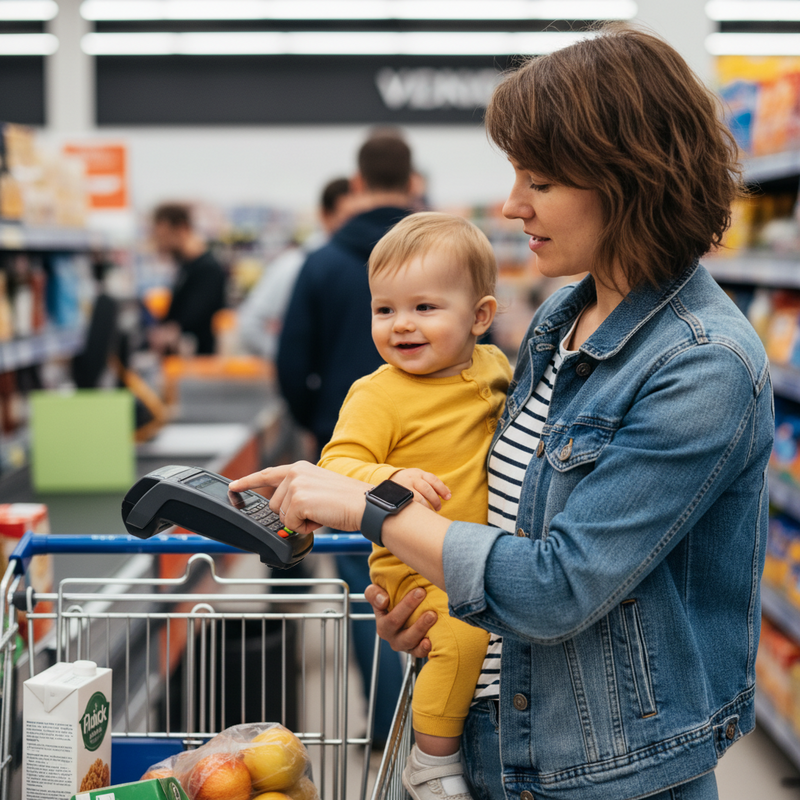 Een ouder tikt met hun smartwatch op een betaalterminal bij de supermarktkassa, terwijl een jong kind in de winkelwagen zit. De scène toont het gemak van NFC-betalingen in een drukke gezinssituatie.