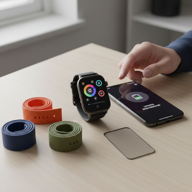 Een slim horloge op een houten tafel, met daarnaast een smartphone die de instellingen-app toont, verschillende kleuren horlogebandjes en een screenprotector.