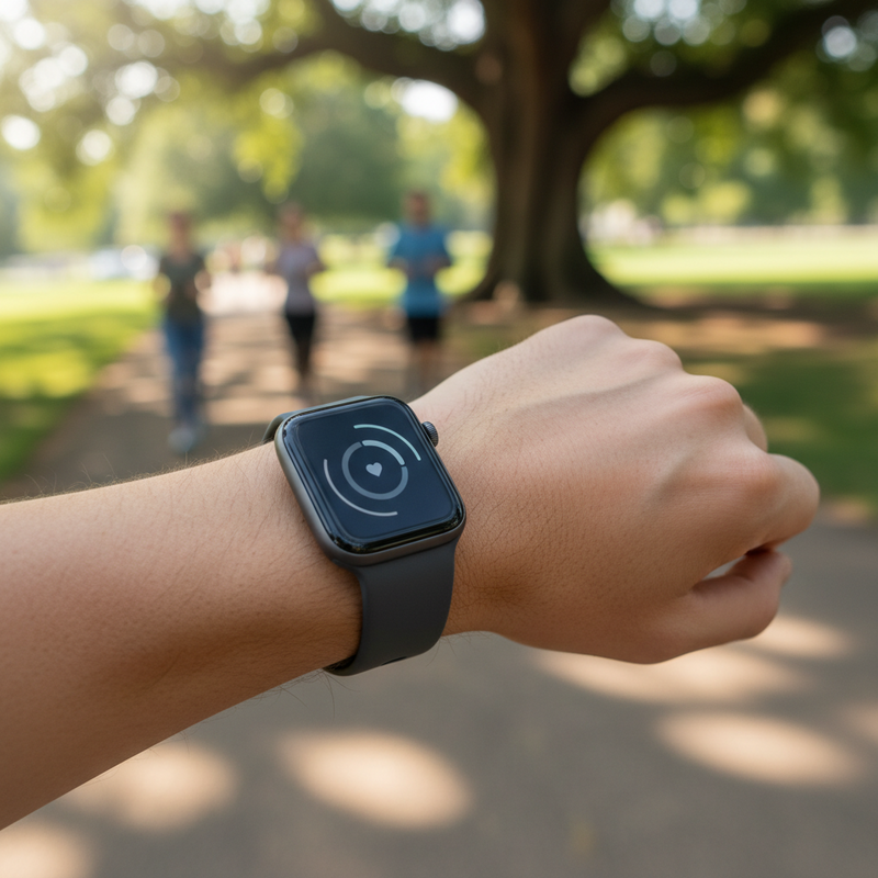 Een foto van een moderne smartwatch om de pols van een persoon die buiten beweegt, met een zachte, onscherpe achtergrond van groen. Het horloge staat centraal en vertegenwoordigt gezondheids- en fitnesstracking.