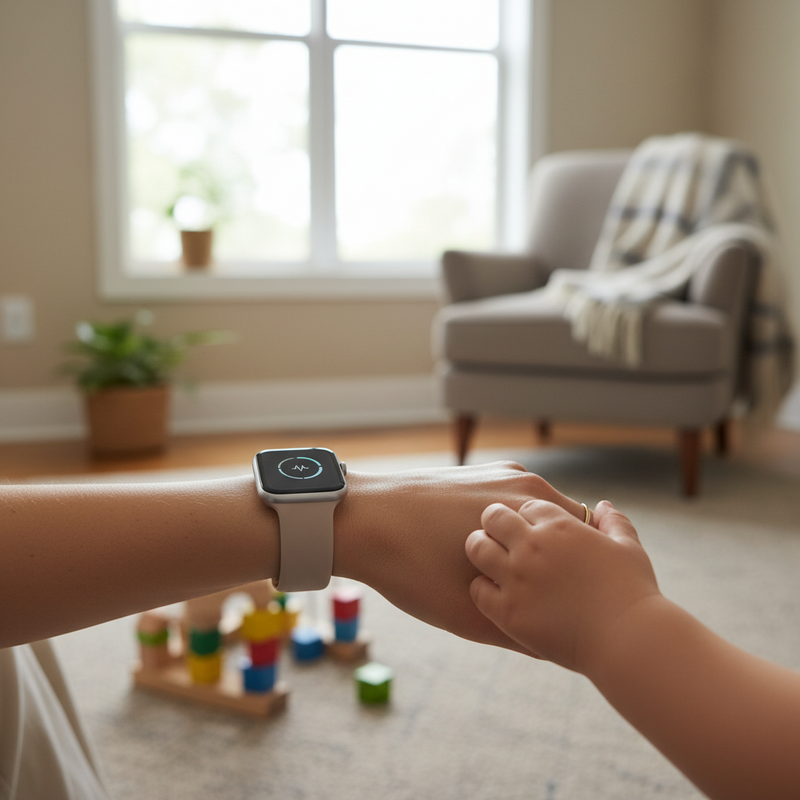 Een close-up van een moderne smartwatch om de pols van een vrouw, die zachtjes de hand van een kind vasthoudt. Op de achtergrond is een onscherp beeld van een huiselijke omgeving met kinderspeelgoed te zien.