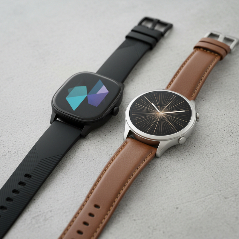 Close-up van twee moderne Xiaomi smartwatches, de Watch 3 en 3 Pro, naast elkaar op een neutrale achtergrond. De Watch 3 heeft een slanke, zwarte kast en siliconen band, terwijl de Watch 3 Pro een glanzender metalen kast en een bruine leren band toont, beide met heldere schermen.