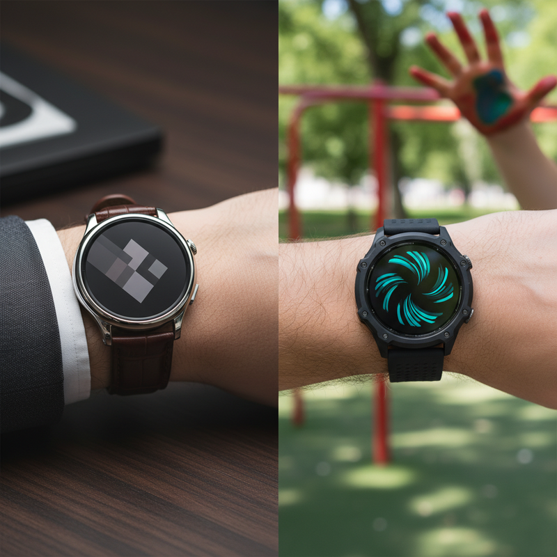 Een split-screen foto van twee smartwatches. Links een zilverkleurige smartwatch met een lederen bandje, subtiel geplaatst in een zakelijke omgeving. Rechts een zwarte smartwatch met een siliconen bandje, met op de achtergrond een hint van een actieve buitenomgeving of een kinderhand.